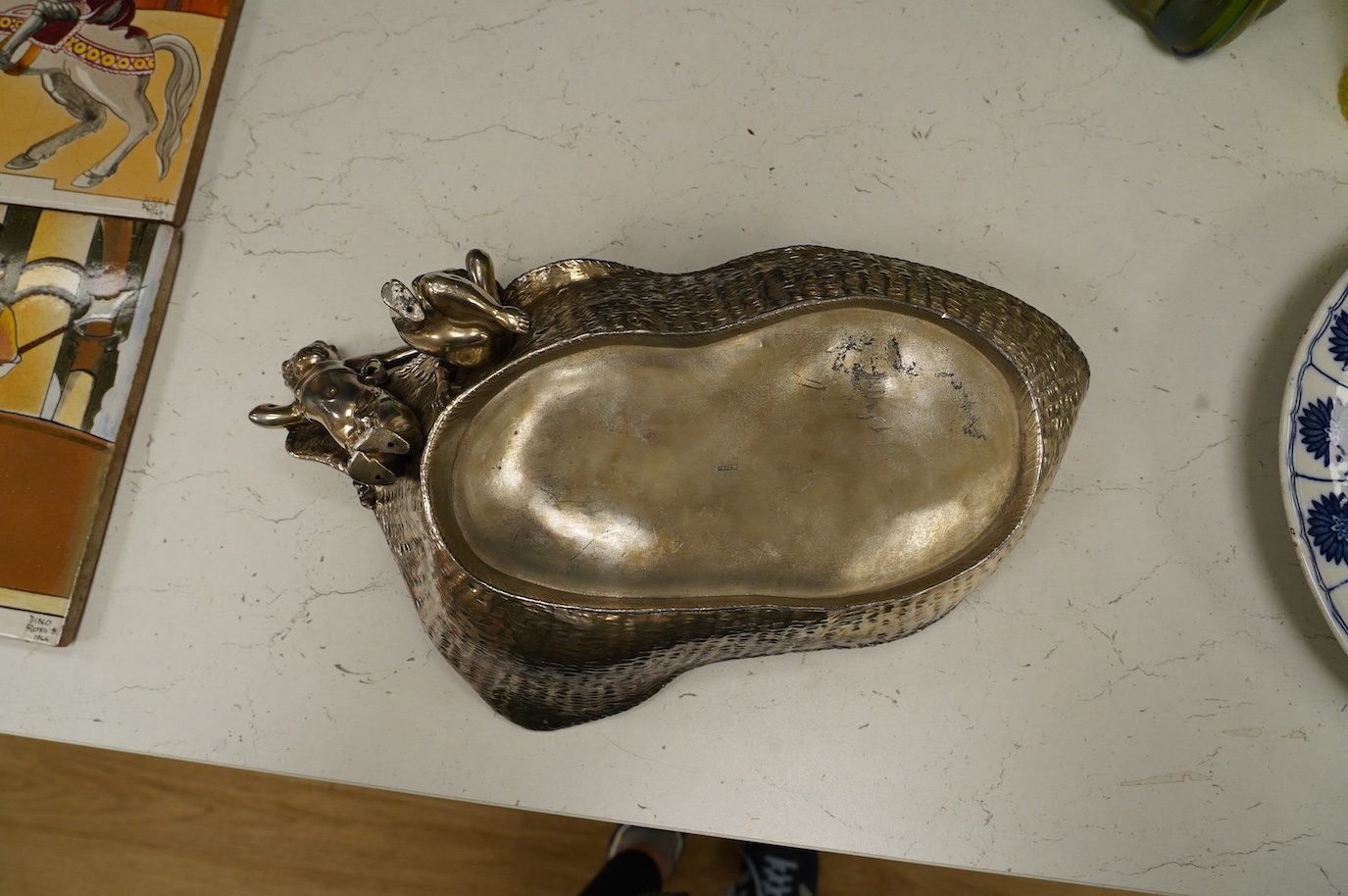 A WMF style plated pewter figural dish, stamped L.W.E.P. to base, 35cm wide. Condition - fair to good